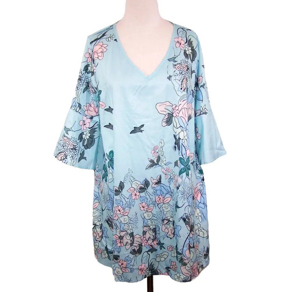 Misslook Tunic Top Shirt 3XL Bell Sleeve V Neck Blue Floral Lightweight Blouse